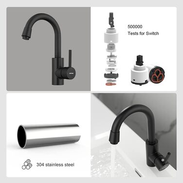 Змішувач для ванної кімнати GRIFEMA - поворотний на 360°, одноlever, нержавіюча сталь, 180 мм, гаряча та холодна вода, економія води, проста установка, з'єднання 3/8″, для гостьового туалету, G1002A (Чорний)