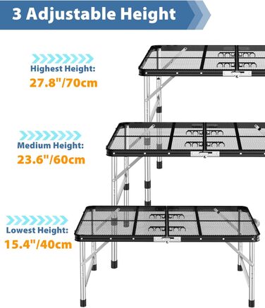 Розкладний стіл для кемпінгу, 90x60 см алюмінієвий кемпінговий стіл Максимальне навантаження 31,8 кг, Кемпінговий стіл регулюється по висоті (40 см, 60 см і 70 см) для пікніка Гриль Приготування їжі Сад Походи Подорожі Чорний