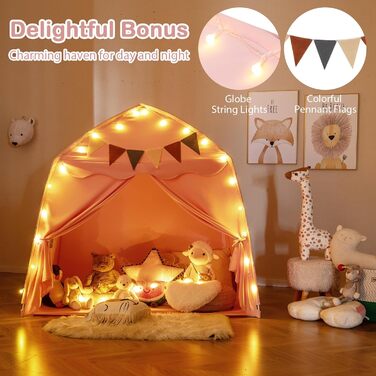 Дитяче намет-будиночок HOMASIS для гри в приміщенні, рожевий: зі світлячками, килимком, вікнами та фіранками