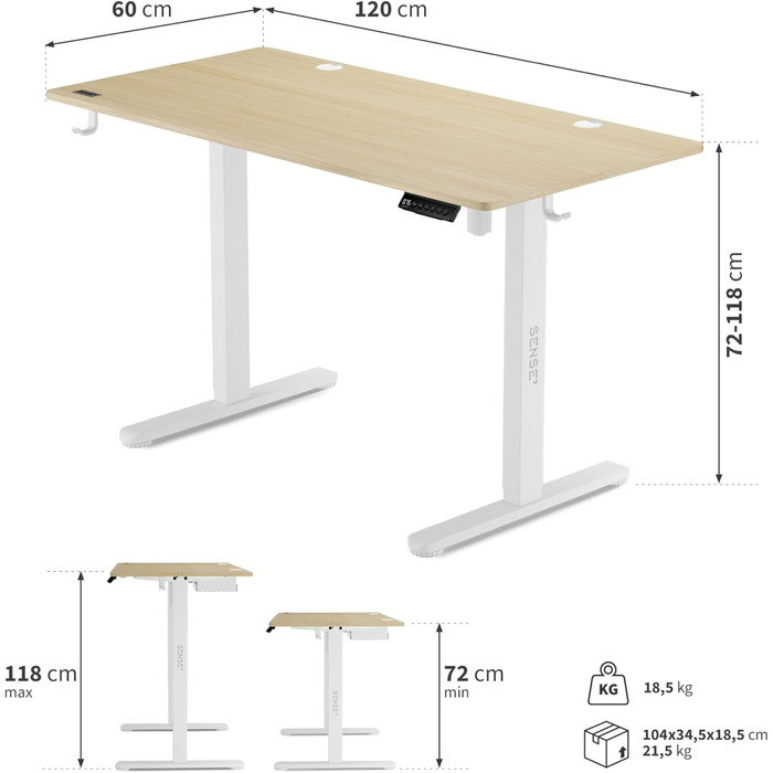 Електричний стіл з регулюванням висоти NOJO, 120x60, пам'ять, кабельний лоток, біло-сосна, 7