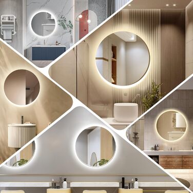 Дзеркало для ванної кімнати Sararoom з підсвічуванням, кругле LED дзеркало 600 мм, з підсвічуванням, 3 кольори світла, регулювання яскравості, запобігання запотіванню, кругле скло, функція пам'яті, 600 x 600 мм