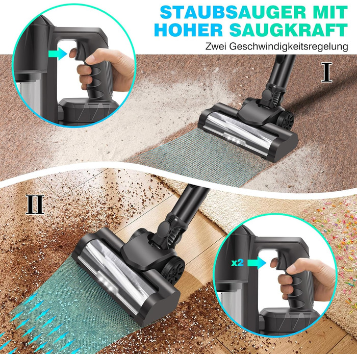 Бездротовий вертикальний пилосос 15kpa з HEPA-фільтром, ручний пилосос з LED-підсвічуванням та 2 батареями (3000mAh)