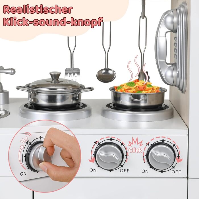 Дерев'яна дитяча кухня MAMIZO - іграшковий кухонний набір для дітей, 81x74x30 см, з підсвіткою та звуком, аксесуари, для дітей від 3 років, білий колір