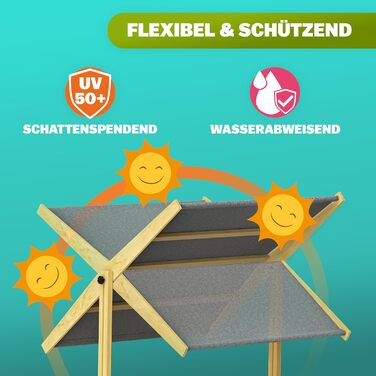 Пісочниця Spielwerk Samu з дахом від сонця 120x120 см, натуральне дерево, захист країв, UV 50, з рівнем наповнення, для дітей