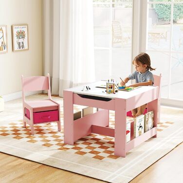 Дитячий стіл LIFEZEAL 3 в 1 з 2 стільцями: стіл для малювання, активностей та обіду. Дерев'яна дитяча група з місцем для зберігання (Рожевий)