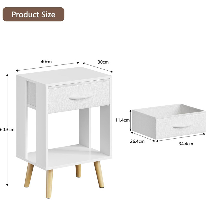 Набір з 2 приліжних тумбочок, 40x30x60.3 см. Тумбочки з шухлядою для спальні, дитячої кімнати. Білий колір.