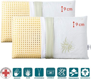 Ортопедичні подушки EVERGREENWEB 2 шт. з віскоеластичної піни 40x70x12 см з чохлом з алое вера. Виробництво Італія.