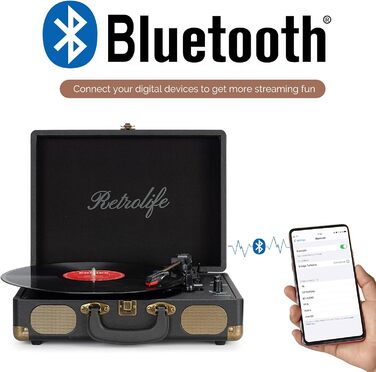 Вініловий програвач 3-швидкісний (33/45/78 об/хв), Bluetooth, портативний, у валізі, з ремінним приводом, вбудованими динаміками, RCA, AUX, вихід для навушників, ретро-програвач пластинок