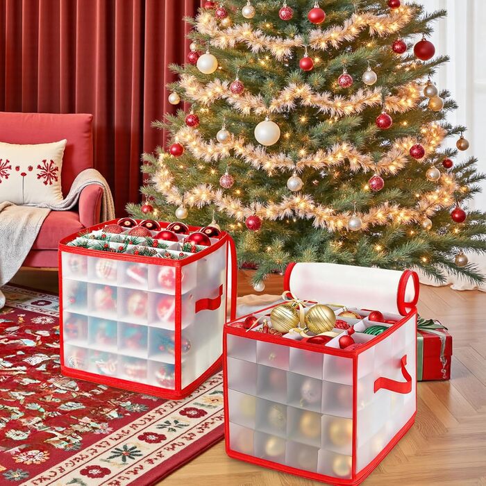 Коробка для прикрас на ялинку, 2 шт., червона. Зручна для зберігання до 128 кульок.