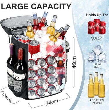 Рюкзак-холодильник Estarer 35L: водонепроникний, з відкривачем для пляшок, для кемпінгу, пікніків та пляжу (Чорний)