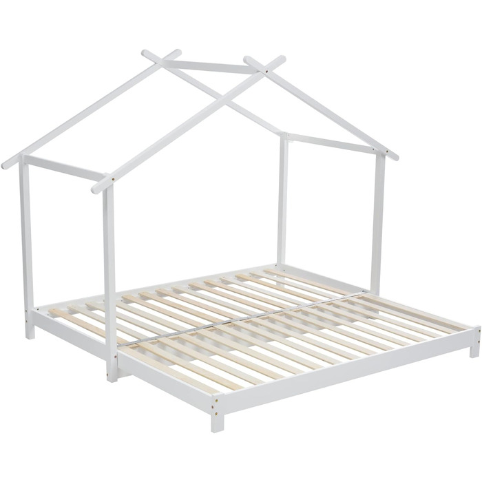Ліжко Merax house з ящиками і полицями, дитяче ліжечко 90х200 см і 140х70см, ігрове ліжко з масиву дерева з огорожею і рейковою основою, L-подібна конструкція, для 2-х дитячих двоспальне ліжко, (біле-3)