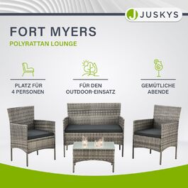 Набір садових меблів Juskys Polyrattan Fort Myers на 4 особи: диван, 2 крісла, стіл, подушки. Чорний/кремовий, вологостійкий, для балкона та саду