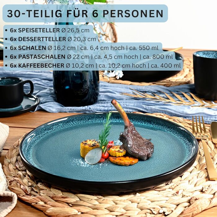 Набір посуду SÄNGER Vigo Kombiservice 30 тг. для 6 осіб: тарілки, чашки, паста, стелінг. Блакитний посуд з чорним обідком. Мікрохвильовка, посудомийна машина, стійкий до подряпин.
