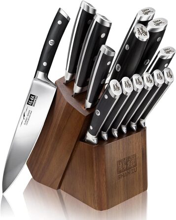 Набір кухонних ножів SHAN ZU з бруском, 14 предметів. Професійний німецький набір ножів для кухні з бруском, дерев'яний, сріблястий.