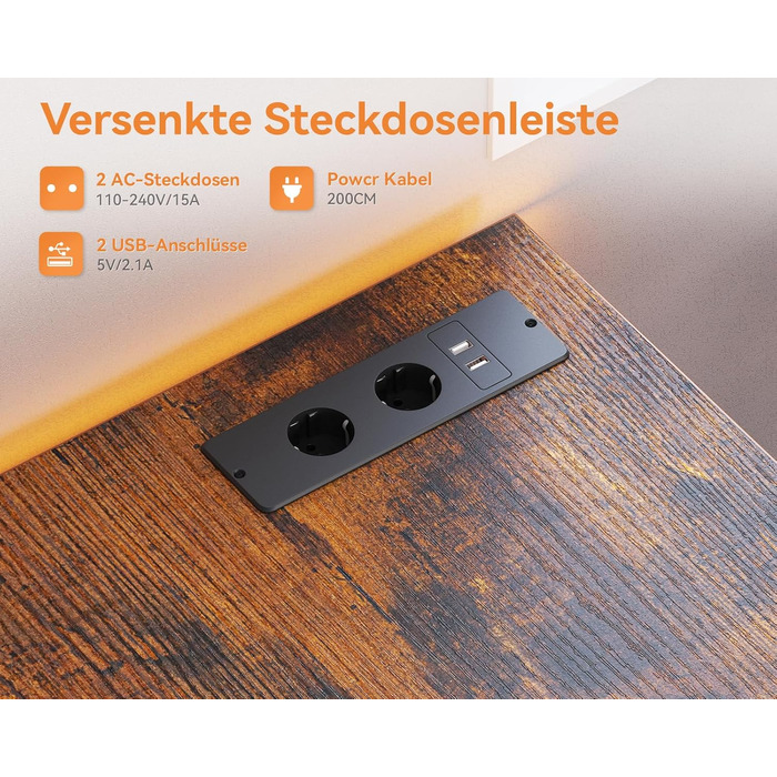 Комп'ютерний стіл Coleshome з ящиками з тканини, 130x48 см, з 2 розетками та 2 USB-портами, з полицею, для офісу/вітальні, коричневий, 130x48x75.7 см