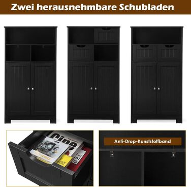 Тумба для ванної кімнати COSTWAY, 2 ящики та дверцята, регульована по висоті, 60x30x109 см, чорна