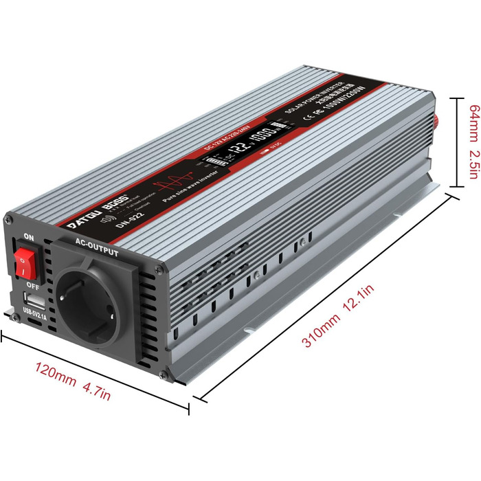 Інвертор DATOUBOSS Перетворювачі напруги від 12 В до 230 В з чистим синусом 1000 Вт/2000 Вт з портами USB та розетками ЄС для будинків, караванів, сонячних систем Сірий 1000 Вт 12 В