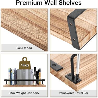 Набір підвісних полиць з дерева Uten (2 шт), рустикальна настінна полиця з тримачем для рушників, світло-коричнева — для ванної, кухні, вітальні та спальні