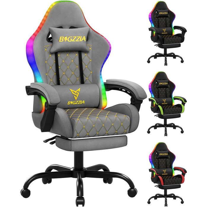 Ігровий крісло Bigzzia з RGB LED підсвічуванням - ергономічне геймерське крісло з підтримкою попереку та підніжкою, регульоване та поворотне, з PU-шкіри, 150 кг, сірий