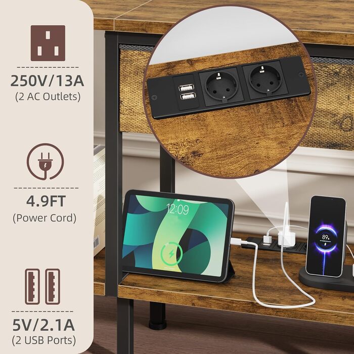Тумба під телевізор з розеткою та USB-портами, LED-підсвічуванням, 120 см, вінтажний колір для вітальні, спальні, їдальні