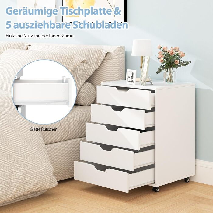 Контейнер GOPLUS з шухлядами, мобільний офісний шафка на колесах, білий, 48 x 39,5 x 65,5 см