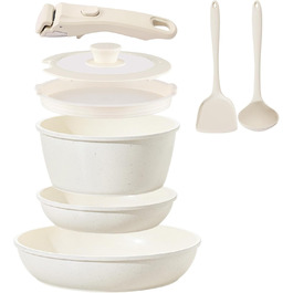 Набір каструль та сковорідок з керамічним покриттям 8 предметів з знімними ручками, індукційне дно, придатні для духовки та мийки, без PFAS/PFOA, кремово-білий
