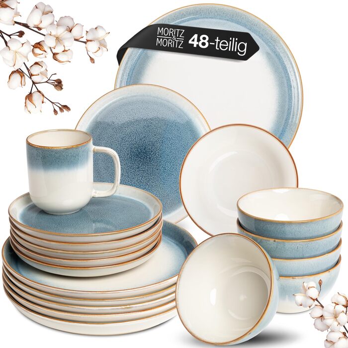 Набір посуду Moritz & Moritz TARENTO 48 предметів (12 осіб) - 48-місний набір посуду з високоякісної кераміки, 12 обідніх тарілок, 12 десертних тарілок, 12 супових тарілок та 12 чашок, блакитний колір