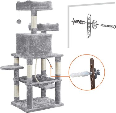 Кігтеточка Yaheetech Cat Tree 150 см з 2 приємними оглядовими майданчиками Sisal Cat Furniture Дерево для скелелазіння для великих кішок, світло-сіре 60,5 см x 50,5 см x 146,5 см (ДхШхВ) Світло-сірий