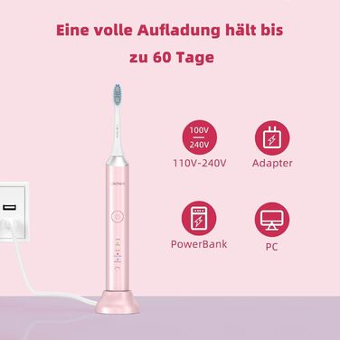 Електрична звукова зубна щітка Läschen, 5 режимів, з чохлом для подорожей, 4 насадки, USB-зарядка на 60 днів, таймер, IPX7 водонепроникність, рожева