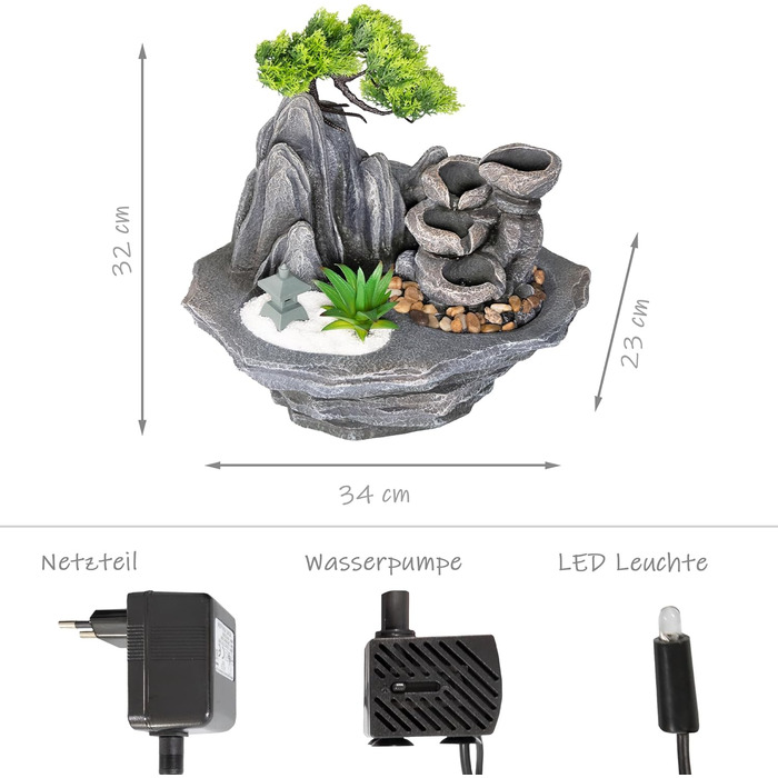 Lemodo Фонтан для дому LED 3-рівневий Настільний Фонтан Фен Шуй з підсвіткою, Водоспад, Оволожувач повітря, Декор для вітальні, спальні, офісу, 27x19x33 см (Савана)