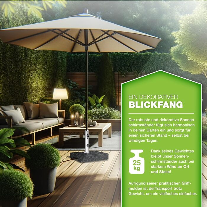 Підставка для парасольки Tillvex® Granit з роликами та ручкою для перенесення, 27 кг | Підставка для парасольки з нержавіючою сталею | Підставка для парасольки на балкон для стійок 16-48 мм та діаметром парасольки 250 см (Прямокутна, Антрацит)