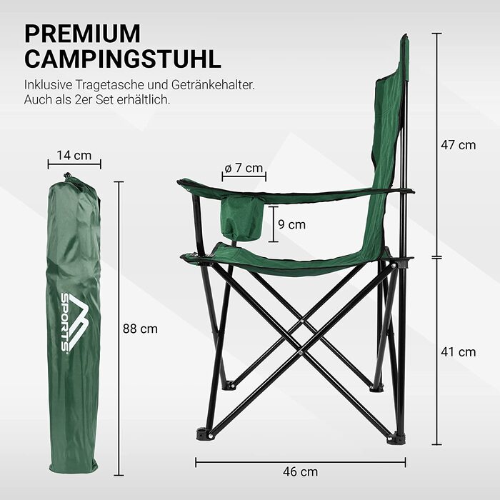Крісло для кемпінгу MSPORTS Premium з сумкою для перенесення Крісло рибалки Розкладне крісло - на вибір комплекту - Складаний стілець з підлокітником і підстаканником Практичне міцне легке крісло для кемпінгу (зелений, 2)