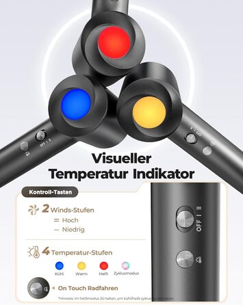 Іонний фен для волосся з дифузором, професійний стайлер 150 000 об/хв, 8 режимів температури з LED-дисплеєм, для кучерявого та густого волосся, чорний