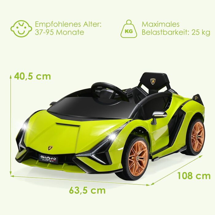 Дитячий електромобіль Lamborghini 12V з пультом, MP3, LED-фарами, зелений, для дітей 3-8 років