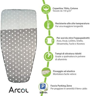 Змінний еластичний гумовий чохол ARCOL, сумісний із праскою, Foppapedretti, виготовлений в Італії, чохол для прасувальної дошки зі 100 бавовни (ковдра, бежевий) (Copertina, сірий пов'язка на голову зони паркування)