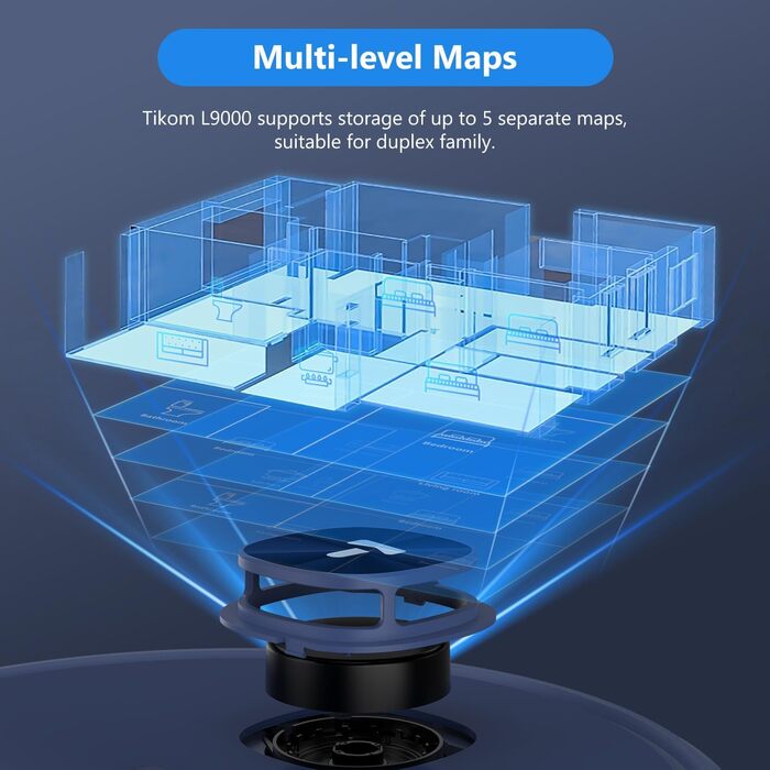 Робот-пилосос Tikom L9000 з функцією миття підлоги, LiDAR, 4000 Па, 150 хв, Wi-Fi, заборонені зони, для шерсті домашніх тварин, синій