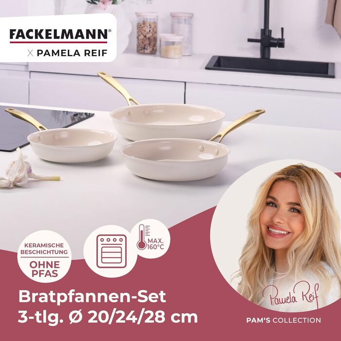 Набір сковорідок Fackelmann x Pamela Reif 3 шт. (20, 24, 28 см) – з переробленого алюмінію, бежевий, керамічне покриття без PFAS, стійке до 160°C, для всіх типів плит
