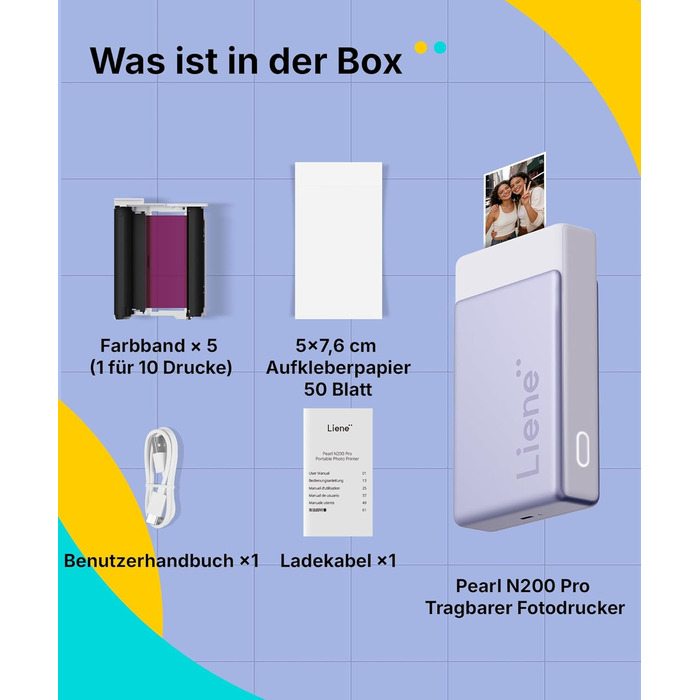 Портативний міні-фотопринтер Liene Pearl N200 Pro з підключенням Bluetooth, сублімаційна технологія, 300 dpi, для iPhone та Android, вбудований акумулятор, комплект з 50 фото (5x7,6 см) та 5 фарбовими стрічками (Lila)
