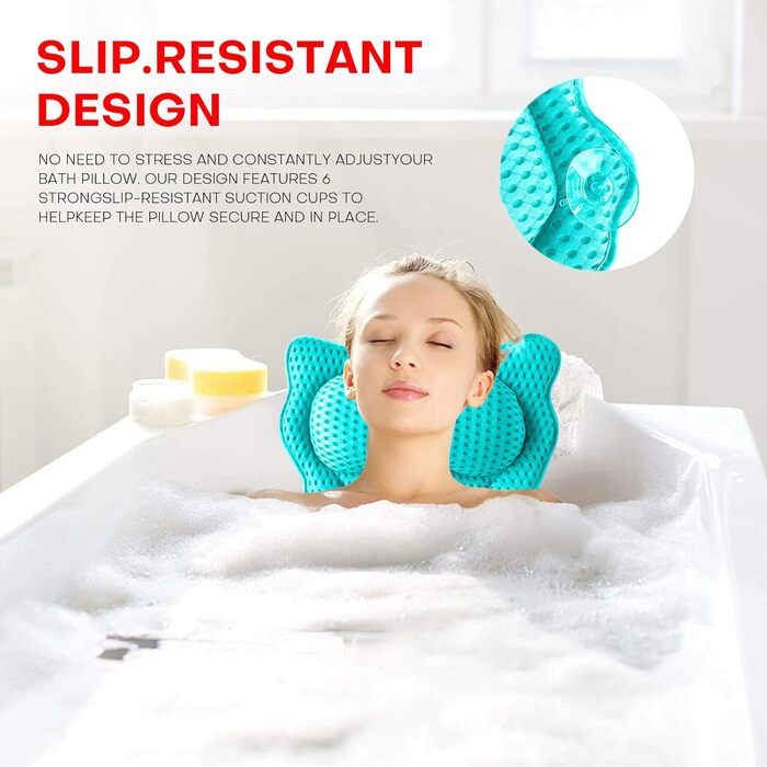 Подушка для ванни 4D Luxus, для голови, шиї, плечей та спини, ергономічна, з 6 присосками, для джакузі та домашнього спа (Зелена)