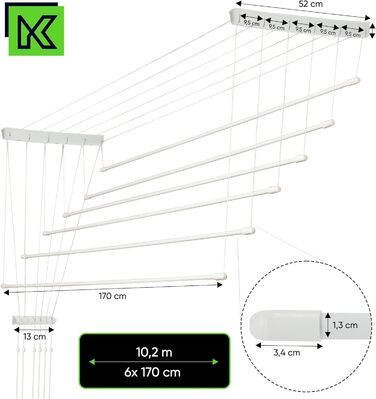 Стельова сушарка KADAX, 6 перекладин, вантажопідйомність 12 кг, 6x170, біла