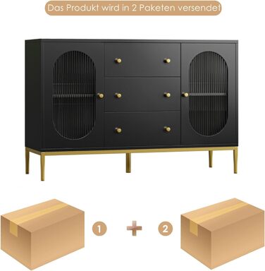 Буфет-комод FirFurd 120 см білий/чорний з робочою поверхнею та 3 ящиками | Кухонний буфет для кухні, вітальні, їдальні