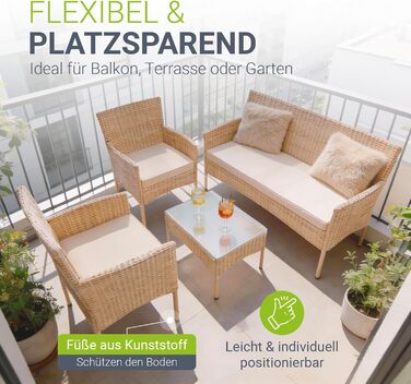 Садовий набір меблів Juskys Fort Myers з ротангу (кремовий) на 4 особи: диван, 2 крісла, стіл, подушки - вуличні меблі для балкона та саду