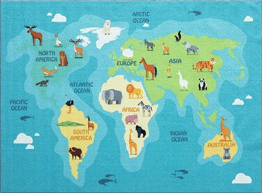 Килим для дитячої кімнати, для ігор, що миється, Карта світу, Земля, тварини, синій, 140 х 200 см