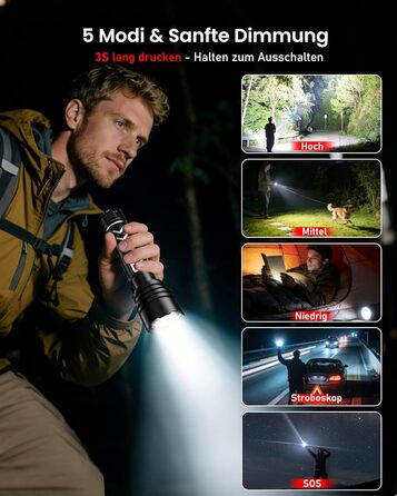 Потужний тактичний ліхтарик Shadowhawk LED 1 000 000 Лм, 50Вт, акумулятор 6000mAh, дальність 1000м, LCD-дисплей, функція розпалювання вогню, чорний — для кемпінгу та виживання