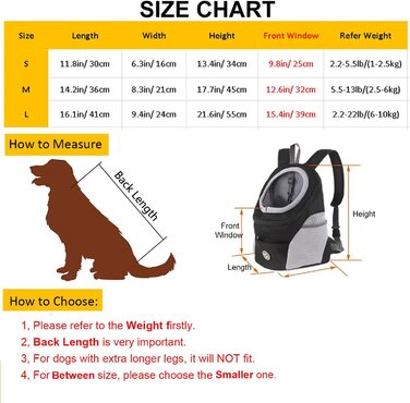 Рюкзак для собак, рюкзак для кішок для маленьких середніх собак, кішок, цуценят вагою до 3 кг, дихаюча і регульована сумка для перенесення, рюкзак для домашніх тварин, сумка для перенесення собак для подорожей, походів ,пригод (L, Чорний) L Чорний