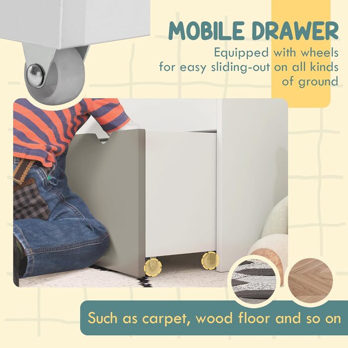 Полиця для дитячих книжок AIYAPLAY, 3-8 років, 3 ящики, з висувною шухлядою, MDF, 62,5x30x70 см, білий та сірий