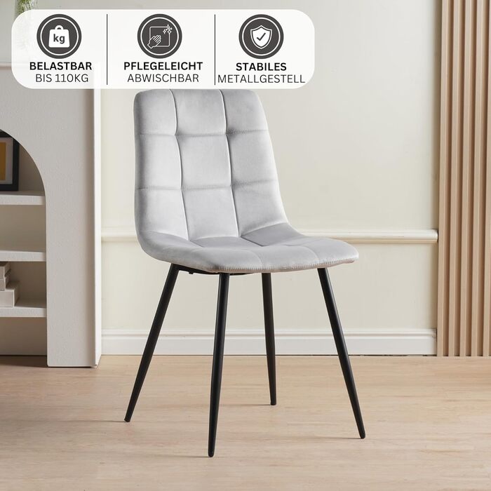 Крісло ALBATROS Bora для обідньої зони, комплект з 4 шт. Стильний дизайн у стилі вінтаж, витримує до 110 кг, м'яке крісло для кухні або обіднього столу (велюр, сірий)