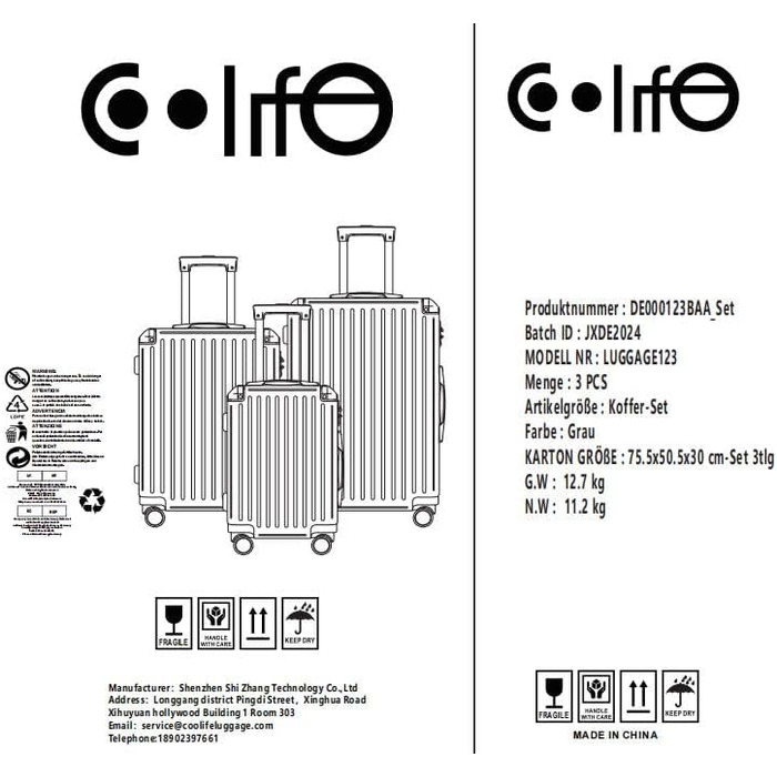 Набір чохлів COOLIFE жорстка оболонка, замок TSA, телескопічна ручка, 4 колеса, ABS, сірий