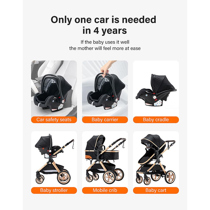 Дитяча коляска YAZOCO 3 в 1: Buggy, Babybett, Комплект. Легка складна коляска для новонароджених з алюмінієвим каркасом (5 Creme)