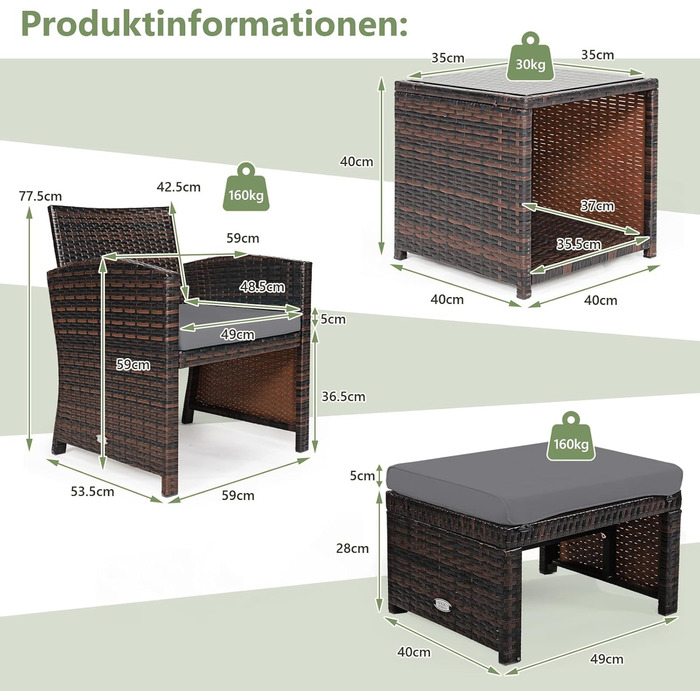 GIANTEX Набір садово-розслаблюючих меблів з ротангу для балкону/саду (2 крісла з пуфами), сірі подушки